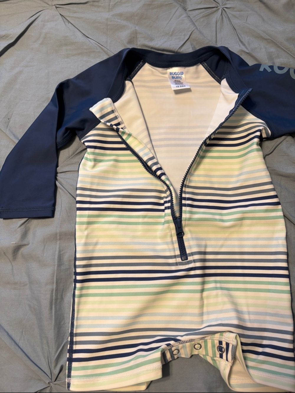 Rugged Butts Navy & Stripe Long-Sleeve Rash Guard One-Piece Swimsuit 18-24M - Picture 4 of 6